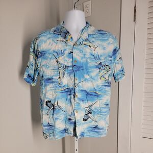 Bahama Cruise Men's Button Up Collared Fish Shirt ~ Sz L ~ Blue ~  Short Sleeve